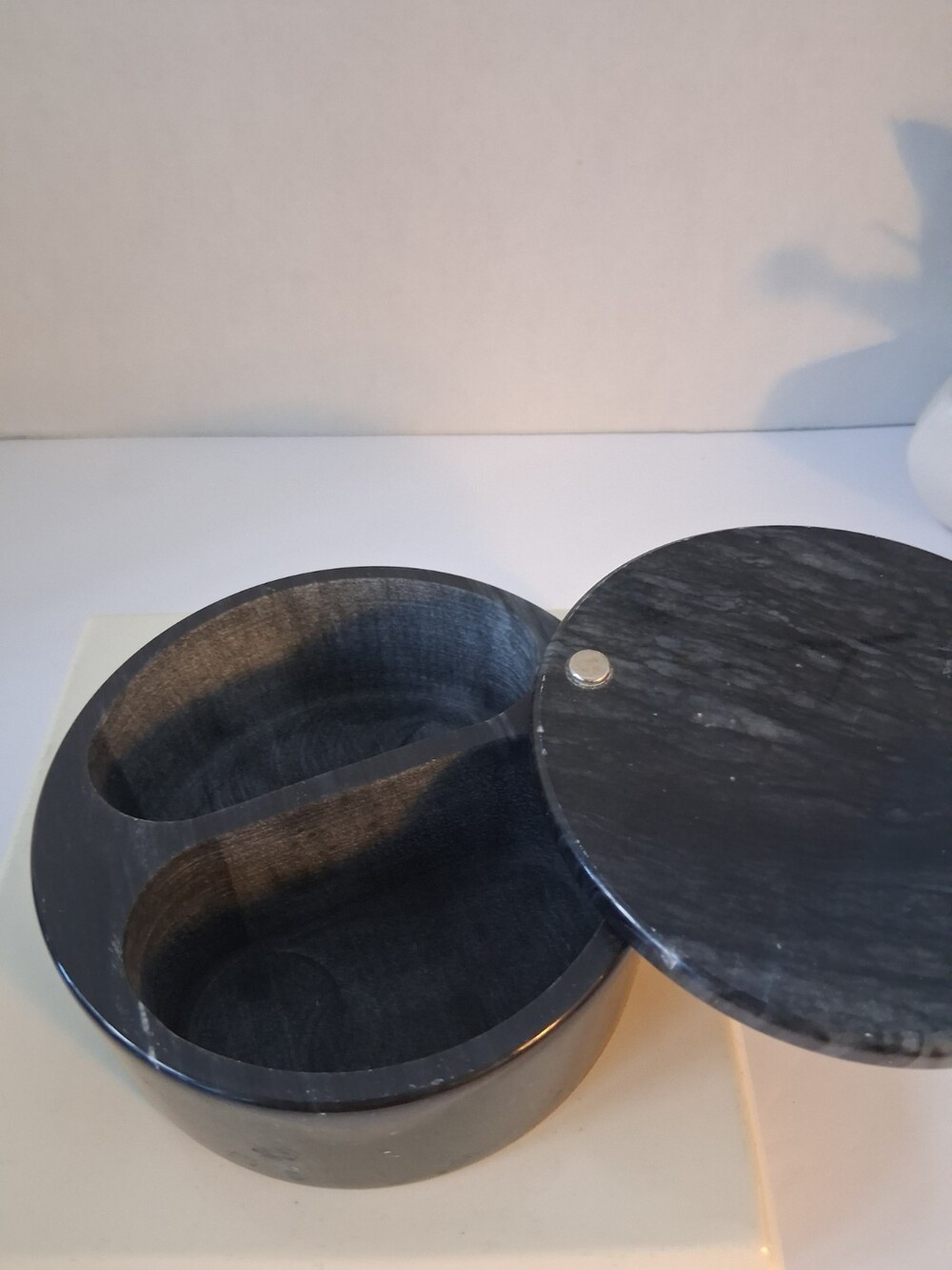 Black Marble Salt Cellar & Pepper Box with Swivel Lid - Dual Compartment